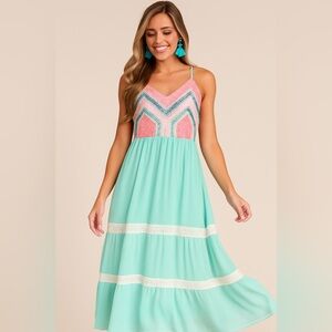 Flying Tomato‎ Maxi Dress - Aqua, Pink, and White